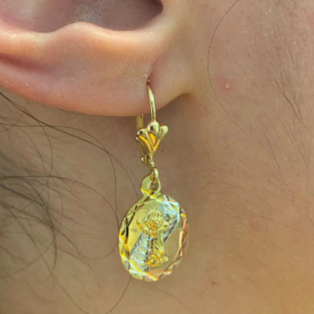 Divino Nino Tri Color Earrings Lever Back 20x13 14k Gold F Baby Jesus Earrings